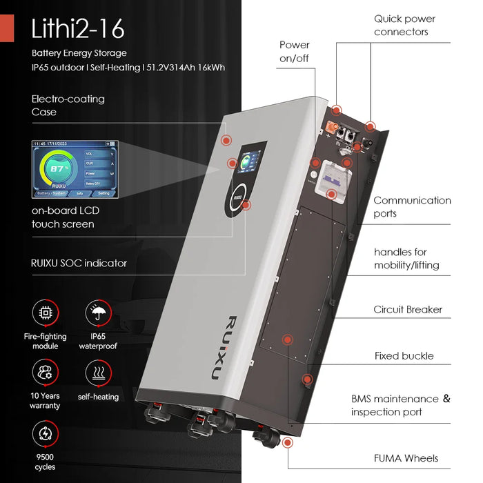 RUiXU Lithi2-16 Lithium Battery 51.2V 314Ah | 16kWh | LiFePO4 Wallmount Energy Storage | 9500 Cycles | UL1973/UL9540 pending | 10-Year Warranty