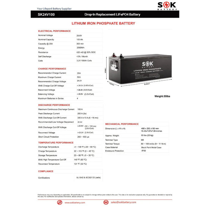 SOK Battery 24V 100Ah LifePO4 - 2.56 kWh Lithium Solar Battery - SK24V100