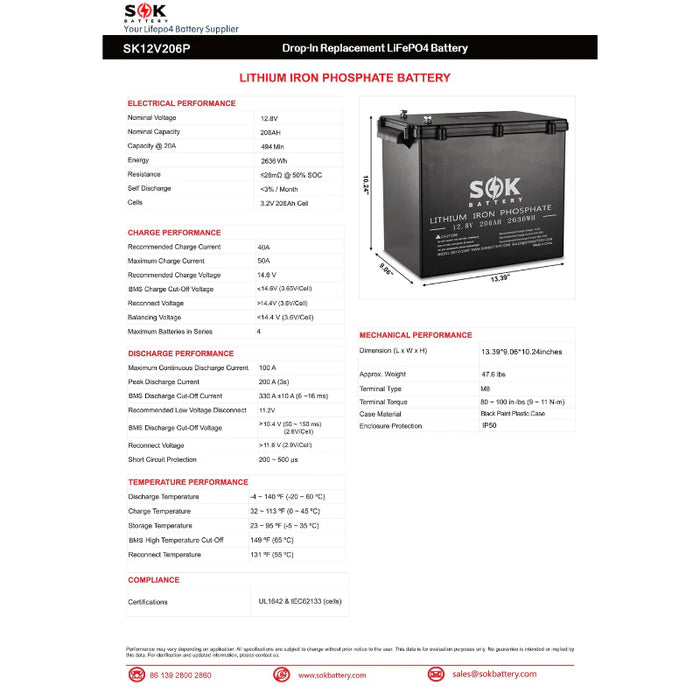 SOK 12V 206Ah LifePO4 Deep Cycle Solar Battery - SK12V206