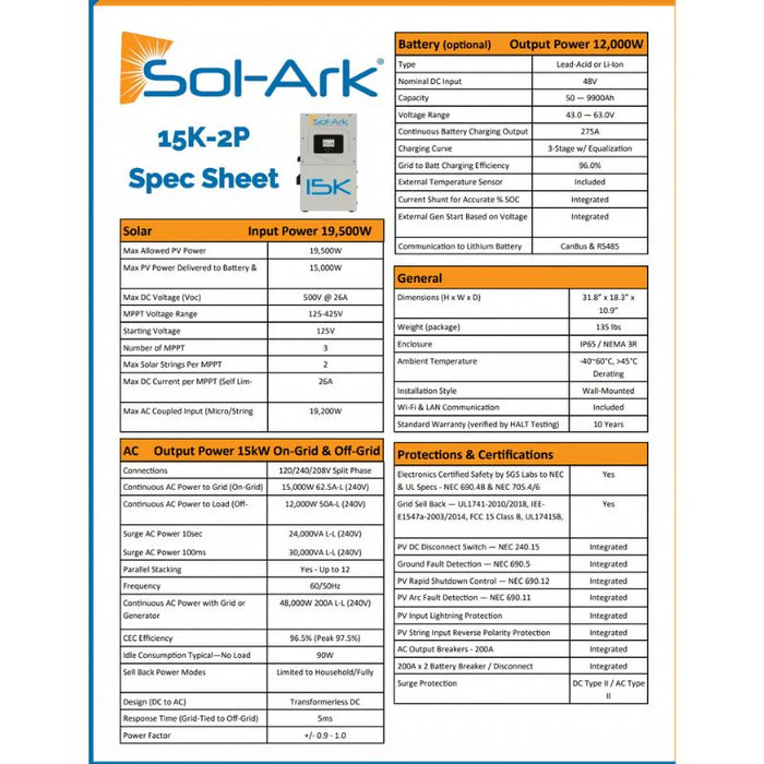 Sol Ark 15k All-In-One Hybrid Solar Inverter | 10 Year Warranty Included